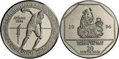 Peru: Lot 5 Münzen: je 20 Soles Olympische Spiele Atlanta 1996, Diskuswerfer Athen 1896. Silber und weitere 4 Metalle, kleine Liberty. Auflage 100. Proof.
