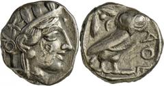 Attika: Athen: Tetradrachme, 16,74 g, 449-413 v. Athenakopf r., mit Gegenstempel // Eule r. Kratzer. Vgl. SNG France 1440. ss.