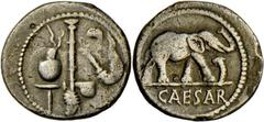Gaius Iulius Caesar (49/48 v.Chr.): C. Iulius Caesar, Denar, 3,67 g, Heeresmünzstätte, 49 v. Elefant zertritt Schlange, i.A. CAESAR, kleiner Gegenstempel Mondsichel // Priestergeräte. Alb. 1373. s/ss.