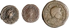 Iustinus und Iustinianus (527 n.Chr.): LOT 5 Münzen: Justinus I. (518-527): ½ Follis, Thessalonica. 6,99g. Sear 80, und Justinianus I. (527-565): Follis, Cyzicus, Jahr XIIII (540). 20,83g. Sear 207 , 