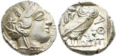 Greek Coins Griechische Münzen: Athen: AR Tetradrachme, nach 449 v. C., Av: Athenakopf rechts mit attischem Helm, a. d. Helm Ranke und Lorbeerblätter. Athena trägt Ohrring und Halskette, Rv: Eule, SNG