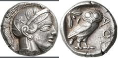 Greek Coins Attika: Tetradrachme ca. 450-430 v. Chr., Athen. Kopf der Athena / Steinkauz (Athene Noctua), Theodorou 43, voll zentriert, 17,13 g, alte Patina, vorzüglich-Stempelglanz. [taxed under marg