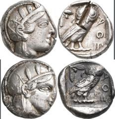 Greek Coins Attika: Lot 2 Stück, AR-Tetradrachme, ca. 479-404 v. Chr., Athen, je 17,1 g. Athenakopf nach rechts/Eule. Prüfhieb, kl. Schrötlingsfehler, schön-sehr schön, sehr schön. [taxed under margin