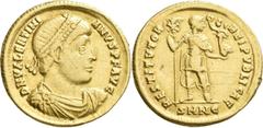 Roman Coins Valentinianus I. (364 - 375): Solidus, Nicomedia, AD 364. Drapierte Büste mit Perldiadem DN VALENTINIANVS PF AVG / Valentinian nach rechts, Labarum mit Kreuz und Victory auf Globus haltend