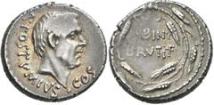 Roman Coins Decimus Iunius Brutus (48 v.Chr.): D. Iunius Brutus Albinus, AR-Denar 48 BC. Kopf des Konsuls A. Postumius Albinus nach rechts, darum A POSTVMIVS COS / Im Ährenkranz (AL)BINV (B)RVTIF. 3,9