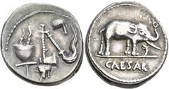 Gaius Iulius Caesar (49/48 v.Chr.): AR-Denar,3,87 g, Feldmünzstätte Caesars 49 - 48, Spanien oder Gallien. Elefant mit erhobenem Rüssel zertritt Schlange/Drache, im Abschnitt CAESAR / Opfergeräte. Sea
