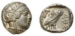 Münzen, Medaillen, Banknoten, Orden, Sporterinnerungsstücke, Antike, Griechen Tetradrachme, ca. 440-420 v. Chr., Kopf der Athena nach rechts / Eule Athen, Attika. Prächtiges Exemplar, Stempelglanz. Ei