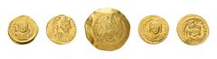 Münzen, Medaillen, Banknoten, Antike, Byzantinisches Reich 5 Goldmünzen Byzanz. Dabei Solidus Tiberius Constantinus 578-582, Solidus Justinanus I. 527-565, Solidus Manuel I. 1143-1180, Solidus Mauriti