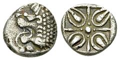 Miletos AR Diobol, 6th-5th centuries BC Ionia, Miletos. AR Diobol (9 mm, 1.01 g), 6th-5th centuries BC. Obv. Forepart of lion to left. Rev: Stellate floral pattern within incuse square. SNG Kayhan I 4