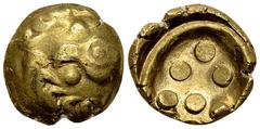 Vindelici AV Stater, 1st century BC Celtic coins. Vindelici. AV Stater (17-18 mm, 7.40 g), 1st century BC, "Regenbogenschüsselchen". Obv. Bird's head to left within wreath-like torque. Rev. Six pellet