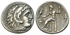 Alexander III AR Drachm, Magnesia mint Kings of Macedon. Alexander III "the Great" (336-323 BC). AR Drachm (17 mm, 4.15 g), Magnesia mint. Struck under Philip Arrhidaios. Obv. Head of Herakles to righ