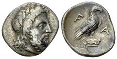 Elis AR Hemidrachm, c. 352-348 BC Elis, Olympia. AR Hemidrachm (15-16 mm, 2.65 g), Time of the 107th-108th Olympiad, c. 352-348 BC. Hera mint. Obv. Laureate head of Zeus to right. Rev. F - A, Eagle st