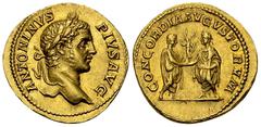 Caracalla Aureus, Caracalla and Geta reverse Caracalla (198-217 AD). Aureus (20 mm, 7.16 g), Rome, 210-213 AD. Obv. ANTONINVS PIVS AVG, Laureate head to right. Rev. CONCORDIA AVGVSTORVM, Caracalla and