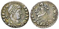 Valens AR Siliqua, Urbs Roma reverse Valens (364-378 AD). AR Siliqua (16-17 mm, 1.81 g). Trier, 367-375 AD. Obv. D N VALENS P F AVG, Draped, cuirassed and pearl-diademed bust to right. Rev. VRBS ROMA,
