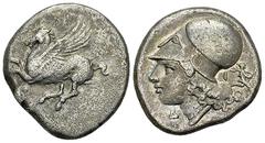 Corinth AR Stater, c. 345-307 BC Corinthia, Corinth. AR Stater (20-21 mm, 8.17 g), c. 345-307 BC. Obv. Pegasos flying to left; Ϙ below. Rev. Head of Athena to right, wearing Corinthian helmet; Δ-I fla