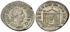 Philippus I AR Antoninianus, Temple reverse Philippus I Arabs (244-249 AD). AR Antoninianus (22-23 mm, 3.68 g), Rome, 249. Obv. IMP PHILIPPVS AVG, Radiate, draped, and cuirassed bust to right, seen fr