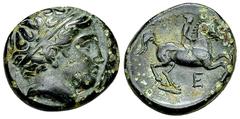 Philip II of Macedon AE 16 Kings of Macedon. Philip II (359-336 BC). AE 16 (5.97 g). Obv. Head of Apollo right, wearing tainia. Rev. ΦΙΛΙΠΠΟΥ, Youth on horseback right, E below. SNG ANS 956. Dark gree