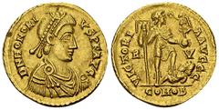 Honorius AV Solidus, Ravenna Honorius (393-423 AD). AV Solidus (20-21 mm, 4.46), Ravenna, 402-406. Obv. D N HONORIVS P F AVG, Pearl-diademed, draped, and cuirassed bust to right. Rev. VICTORIA AVGGG /