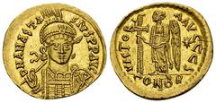 Anastasius I AV Solidus Anastasius I (491-518 AD). AV Solidus (19-20 mm, 4.48 g), Constantinopolis, c. 492-507 AD. Obv. D N ANASTASIVS PP AVC, Helmeted and cuirassed bust facing slightly right, holdin
