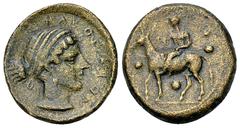 Nakona AE Tetras, c. 400 BC Sicily, Nakona. AE Tetras (16-17 mm, 2.97 g), c. 400 BC. Obv. NAKONAION, Head of a nymph right, wearing single-pendant earring and necklace, hair bound with fillet wrapped 