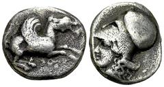 Corinth AR Stater, c. 500 BC Corinthia, Corinth. AR Stater (17-18 mm, 8.25 g), c. 500 BC. Obv. Pegasus flying left; Koppa below. Rev. Head of Athena to left, wearing Corinthian helmet. Pegasi 94 Rare.