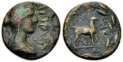 Aigeira AE Tetrachalkon, c. 40-30 BC Achaia, Aigeira. AE Tetrachalkon (17 mm, 4.14 g), c. 40-30 BC. Obv. AIΓIPATAN, Veiled and draped bust of female to right. Rev. Deer standing right; AM before; all 