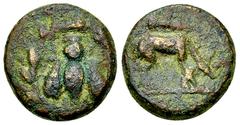 Ephesos AE Tetrachalkon, c. 280-258 BC Ionia, Ephesos. AE Tetrachalkon (15 mm, 4.15 g), c. 280-258 BC. Uncertain magistrate. Obv. Bee within laurel-wreath. Rev. Doe right, grazing; club above; [magisr