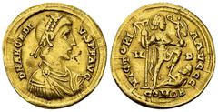 Arcadius AV Solidus, Mediolanum Arcadius (383-408). AV Solidus (21 mm, 4.41 g), Mediolanum, 395-423. Obv. D N ARCADIVS P F AVG, Pearl-diademed, draped and cuirassed bust to right. Rev. VICTORIA AVGGG,