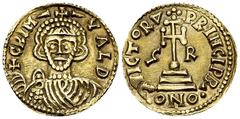 Grimoald III AV Solidus, Beneventum Lombards, Beneventum. Grimoald III as prince (792-806). AV Solidus (21 mm, 3.88 g). Obv. GRIMVALD, Crowned, draped and cuirassed bust facing, holding globus crucige