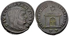 Divus Constantius I AE Nummus, Ticinum Divus Constantius I. AE Nummus (24-26 mm, 6.91 g), Ticinum, 307-308. Obv. DIVO CONSTANTIO AVG, Veiled bust to right. Rev. MEMORIA DIVI CONSTANTI, Temple with clo