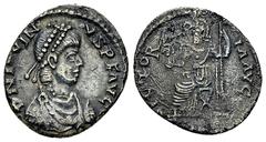 Jovinus AR Siliqua Jovinus (Usurper, 411-413 AD). AR Siliqua (15-17 mm, 1.81 g), Lugdunum. Obv. D N IOVINVS P F AVG, Pearl-diademed, draped, and cuirassed bust to right. Rev. VICTORIA AVGG Roma seated
