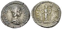 Ancient Coins Plautilla AR Denarius, Pietas reverse Plautilla. AR Denarius (19-20 mm, 3.16 g), Rome, 203. Obv. PLAVTILLA AVGVSTA, Draped bust to right. Rev. PIETAS AVGG, Pietas standing right, holding