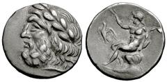 Megalopolis Triobol, head of Zeus / Pan, ex BCD Megalopolis, Peloponnesos. AR Triobol (17 mm, 2.40 g), c. 175-168 BC. Obv. Laureate head of Zeus left. Rev. Pan seated left on rock, his right hand rais