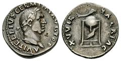Vitellius AR Denarius, tripod reverse Vitellius (69 AD). AR Denarius (19 mm, 3.18 g), Roma (Rome). Obv. A VITELLIVS GERM IMP AVG TR P, laureate head right. Rev. XV VIR SACR FAC, tripod with dolphin ly