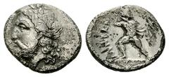 Ainianes AR Hemidrachm, ex BCD Ainianes, Thessaly. AR Hemidrachm (15-17 mm, 2.46 g), c. 360s-350s BC. Obv. Laureate head of Zeus left. Rev. AINIANΩN, the hero Phemios standing left and fighting right,
