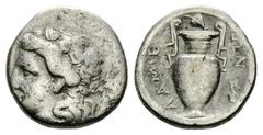 Lamia AR Hemidrachm, c. 400-350 BC, ex BCD Lamia, Thessaly. AR Hemidrachm (16 mm, 2.55 g), c. 400-350 BC. Obv. Head of Dionysos left, wearing ivy wreath. Rev. Amphora; ivy leaf above, prochous to righ