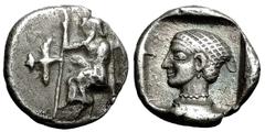 Mantineia Hemidrachm, Zeus Lykaios / head of Kallisto, ex BCD Mantineia, Peloponnesos. AR Hemidrachm (15 mm, 2.96 g), c. 465-460 BC. Obv. Zeus Lykaios, seated left on low throne with footrest and with