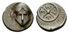 Mesembria AR Diobol, c. 450-350 BC Mesembria, Thrace. AR Diobol (11 mm, 1.23 g), c. 450-350 BC. Obv. Crested corinthian helmet facing. Rev. M - E - T - A in four quarters of wheel, surrounded by borde