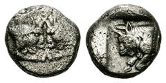 Caria, AR Triobol, 5th Century BC Caria, incertum. AR Triobol (12 mm, 2.05 g), c. 5th Century BC. Obv. Foreparts of two bulls facing each other. Rev. Forepart of bull left within rectangular incuse. T