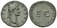 Nerva for Divus Augustus, AE Sestertius Nerva (96-98 AD), for Divus Augustus. AE Sestertius (33 mm, 24.55 g), Roma (Rome). Obv. DIVVS AVGVSTVS, laureate head right. Rev. IMP NERVA CAESAR AVGVSTVS REST