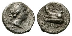 Demetrias AR Hemidrachm, c. 290 BC Demetrias, Thessaly. AR Hemidrachm (14 mm, 2.24 g), c. 290 BC. Obv. Bust of Artemis to right, quiver over her left shoulder, below monogram. Rev. ΔΗΜΗΤΡΙΕΩΝ, prow of