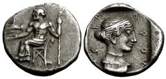 Tegea Hemidrachm, c. 465-460 BC, by the Koppa master, with impressive pedigree Tegea, Peloponnesos. AR Hemidrachm (14-15 mm, 2.87 g), c. 465-460 BC, by the ‘Koppa master’. Obv. Zeus Lykaios, seated le