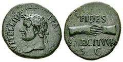 Vitellius AE As, clasped hands Vitellius (69 AD). AE As (27-28 mm, 10.57 g), Spanish mint (Tarraco?). Obv. A VITELLIVS IMP GERMAN, laureate head left, globe below neck. Rev. FIDES / EXERCITVVM / S C, 