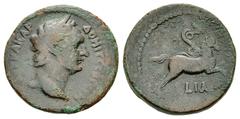 Domitianus AE Diobol, Agathadaimon on horse Domitianus (81-96 AD). AE Diobol (22 mm, 6.76 g), Alexandria, Egypt. 91-92 AD. Obv. AYT KAICAP ΔOMIT CЄB ΓЄPM, laureate head right. Rev. Agathodaimon serpen