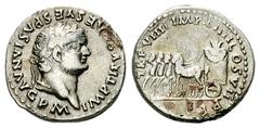 Titus AR Denarius, quadriga reverse Titus (79-81 AD). AR Denarius (18 mm, 3.19 g), Roma (Rome), 79 AD. Obv. IMP TITVS CAES VESPASIAN AVG P M, laureate head right. Rev: TR P VIIII IMP XIIII COS VII P P