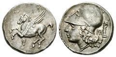 Corinth AR Stater, c. 300 BC Corinth, Corinthia. AR Stater (20-22 mm, 8.15 g), c. 300 BC. Obv. Pegasos flying left, Ϙ below. Rev. Head of Athena left, wearing laureate corinthian helmet; monogram and 