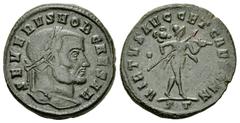 Severus II AE Follis, RIC VI Ticinum 60a Severus II Caesar (305-306 AD). AE Follis (27 mm, 8.84 g), Ticinum (Pavia), 306 AD. Obv. SEVERVS NOB CAESAR, laureate head right. Rev. VIRTVS AVGG ET CAESS NN,