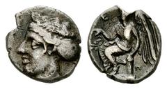 Terina AR Triobol, c. 420-400 BC Terina, Bruttium. AR Triobol (11 mm, 1.23 g), c. 420-400 BC. Obv. Head of nymph left, hair bound in sphendone. Rev. Nike seated left on cippus, holding wreath; Π to ri