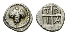 Tragilos AR Hemiobol, c. 450-400 BC Tragilos, Macedon. AR Hemiobol (7 mm, 0.25 g), c. 450-400 BC. Obv. Grape cluster. Rev. Quadripartite incuse square; T-P-A-I in quarters SNG Cop. 447; BMC 4. Good ve