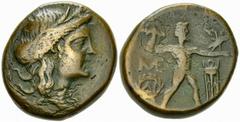 Messene Hemiobol, c. 180-150 BC, ex BCD Messene, Peloponnesos. AE Hemiobol or Hexachalkon (20 mm, 8.72 g), c. 180-150 BC. Obv. Diademed head of Demeter right. Rev. Zeus Ithomatas standing right, hurli
